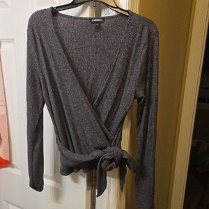 Express Metallic Ribbed Wrap Long Sleeve Top - Gray